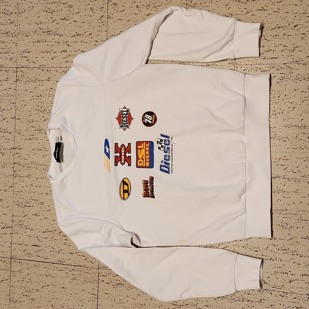 Diesel Racing White Multi Logo Pullover Crewneck Sweater